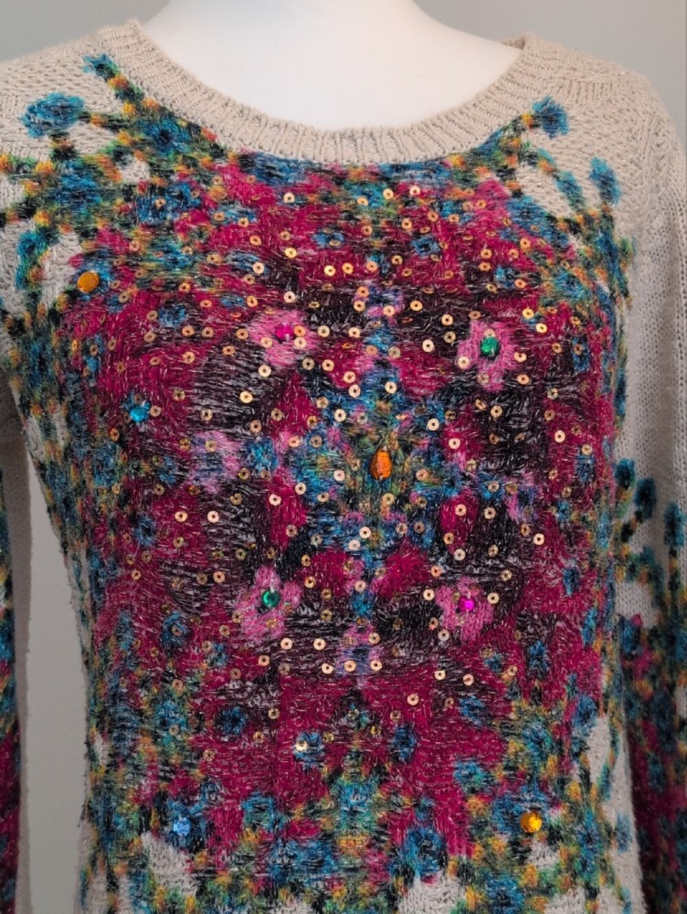 Vintage Desigual Mandala Sequin Knit Pullover Sweater Boho Chic XLARGE - Picture 4 of 10